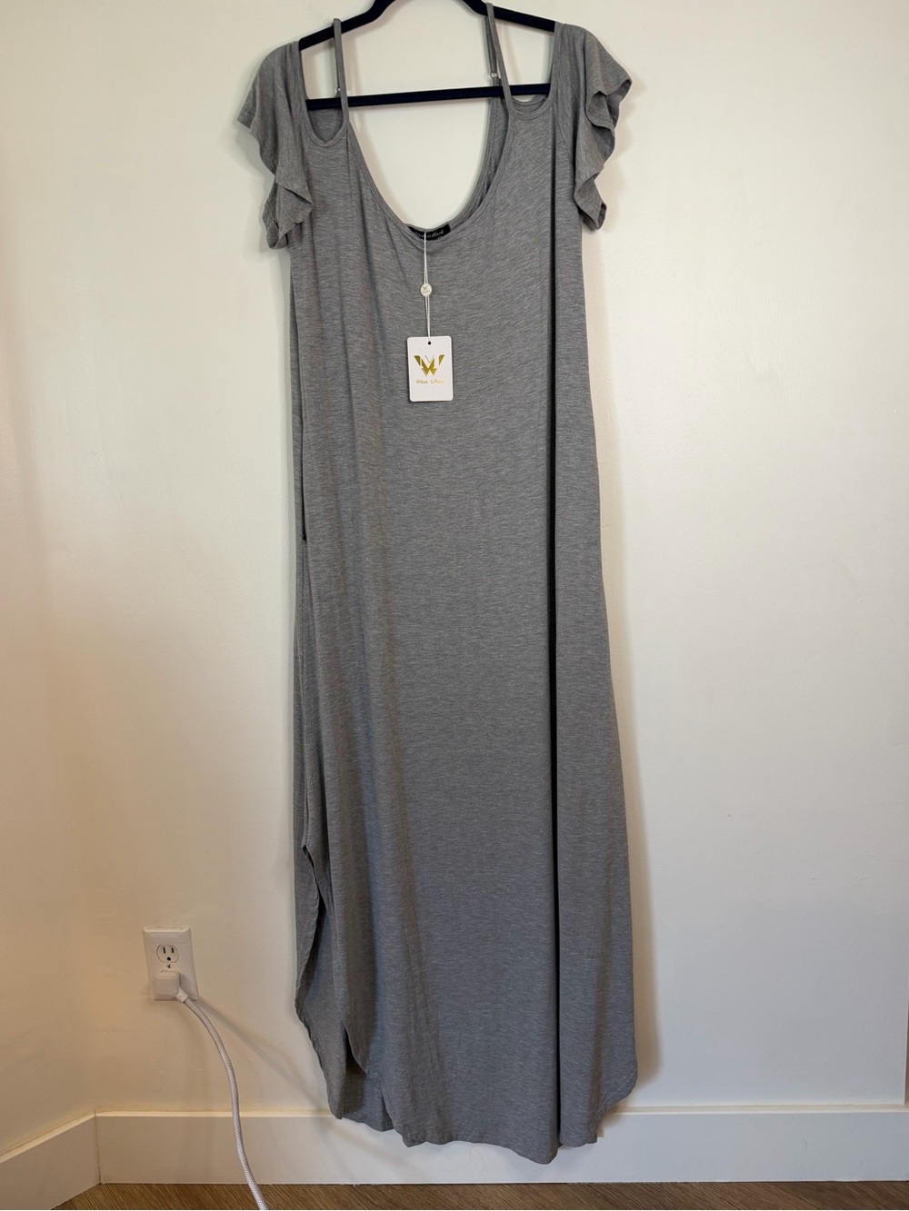 White Mark Gray flutter Sleeve Maxi Dress 1X plus size pockets NWT soft knit